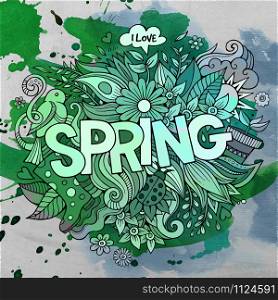 Spring hand lettering and doodles elements. Vector watercolor illustration. Spring hand lettering and doodles elements