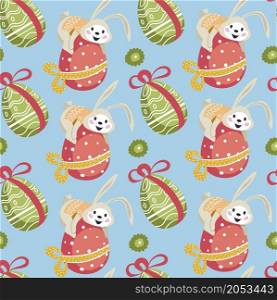 Spring holiday celebration, easter traditions and customs. Boiled colored egg with decorative ribbon bow and bunny. Hare with long ears. Seamless pattern, background or print. Vector in flat style. Easter bunny on colored egg with ribbon pattern
