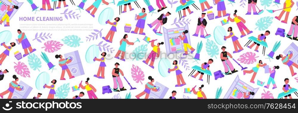 Spring home cleaning flat seamless pattern with clothing wardrobe revision floor sweeping vacuuming windows washing vector illustration
