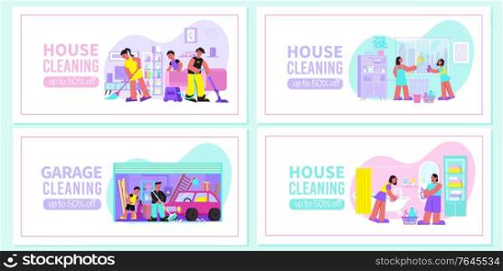 Spring house cleaning 4 flat web banners with sweeping vacuuming floor sponging window washing garage vector illustration