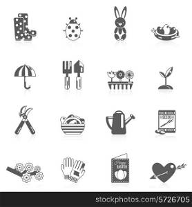 Spring icon black set with seasonal insects plants symbols isolated vector illustration