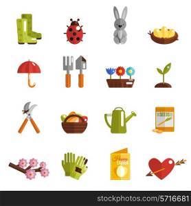 Spring icon flat set with gumboots ladybug eggs plant isolated vector illustration