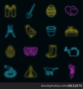 Spring icons set. Illustration of 16 spring vector icons neon color on black. Spring icons set vector neon