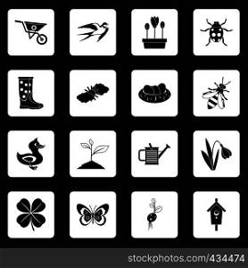 Spring icons set in white squares on black background simple style vector illustration. Spring icons set squares vector