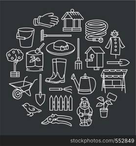 Spring icons tool sale banner. Garden icon tool set in thin line style in circle templet