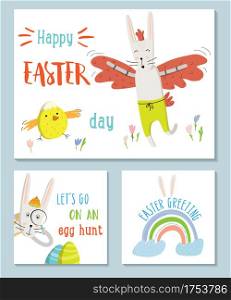 Spring illustrations set. Easter cards.Egg hunt, rainbow, bunny in a chicken suit. Cute and modern vector illustration. Great for social media greetings