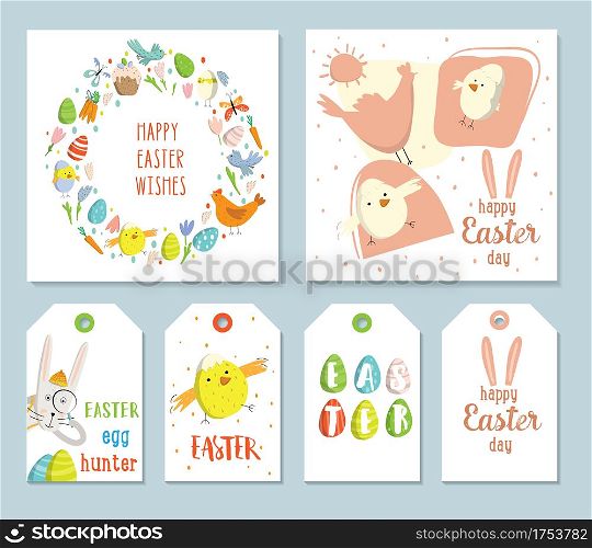 Spring illustrations set. Square easter cards, gift tags and labels.Wreath of Easter elements. Hare, egg hunter. Cute and modern vector illustration. Great for social media post greetings