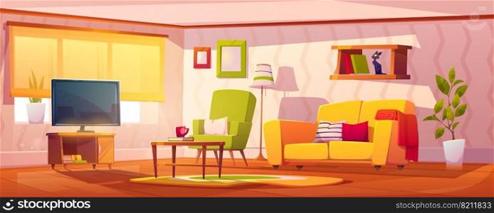 Spring interior of living room with sofa, armchair, bookshelves and tv. Vector cartoon illustration of lounge with coffee table, carpet, floor l&and house plants. Vector spring interior of living room