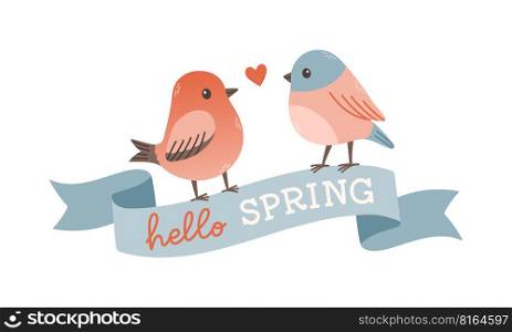 Spring label with season quotes, bird, ribbon. Hand drawn spring vector illustration.