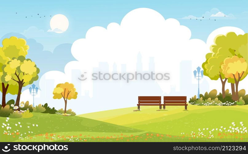 Spring landscape at city park in the morning, Natural public park with flowers blooming in the garden, Peaceful scene of green fields with blurry cityscape building, cloudy and sun on summer
