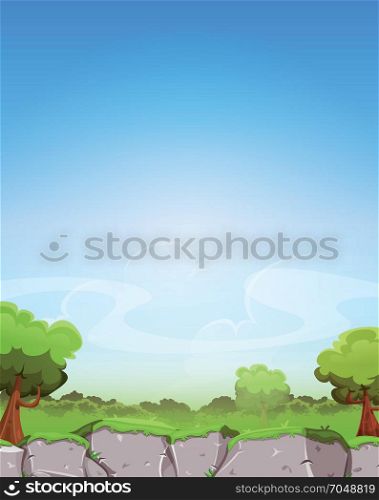 Spring Landscape Background. Illustration of a cartoon spring landscape with cliff, trees and vegetation on a blue horizon, with big sky area for text