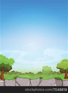 Spring Landscape Background. Illustration of a cartoon spring landscape with cliff, trees and vegetation on a blue horizon, with big sky area for text