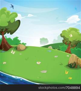Spring Landscape Background With River. Illustration of a cartoon spring or summer season landscape with blue river