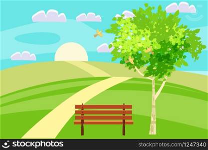 Spring landscape hills dear leading into the distance beyond the horizon. Spring landscape hills dear leading into the distance beyond the horizon. Bench in outdoor. Birds singing. Blue sky. Bright juicy colors. Vector, illustration, isolated. Cartoon style