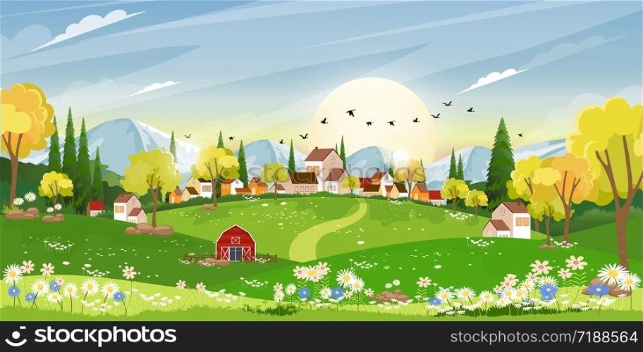 Spring landscape in Sunny day village with meadow on hills with blue sky, Panoramic countryside of green field with farmhouse, barn and grass flowers,Vector Summer or Spring nature background