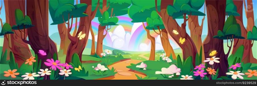 Spring landscape of forest with trees, grass and flowers. Summer park with green plants, butterflies, path, fields and rainbow in sky, vector cartoon illustration. Spring landscape of forest with trees and flowers