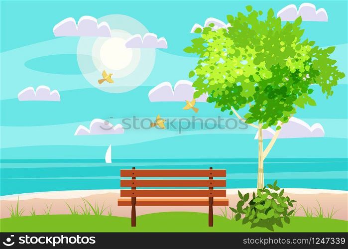 Spring landscape on seaside. ocean. Bench in outdoor. Spring landscape on seaside. ocean. Bench in outdoor. Birds singing. Blue sky. Bright juicy colors. Vector, illustration, isolated. Cartoon style