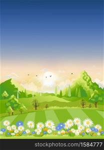 Spring landscape,View of spring village, green meadow on hills with blue sky, Vector cartoon Spring or Summer landscape, Panoramic countryside landscape mountains with wild flowers fields