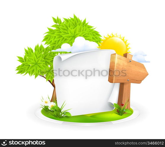 Spring landscape with a wooden pointer