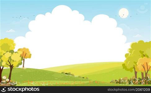 Spring landscape with blue sky and clouds,Panorama Green fields with copy space, fresh and peaceful rural nature in springtime with green grass land. Cartoon vector illustration summer for kids banner
