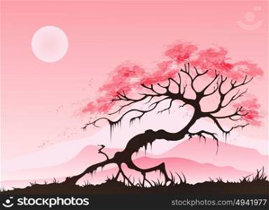 Spring landscape with cherry blossom and mountains on a pink background