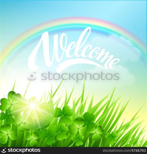Spring landscape with clover and rainbow EPS 10. Spring landscape with clover and rainbow