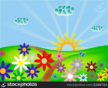 spring landscape with flowers and butterfly, abstract vector art illustration