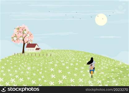 Spring landscape with mother and son riding bicycle in green field on sunny day,Panorama with family outing in countryside in summer with blue sky and clouds. Cartoon vector for spring or summer