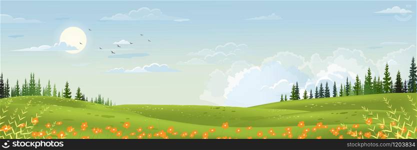 Spring landscape with mountain, blue sky and clouds,Panorama Green fields, fresh and peaceful rural nature in springtime with green grass land. Cartoon vector illustration for spring and summer banner