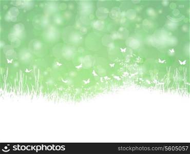 Spring landscape with silhouette of grass, flowers and butterflies