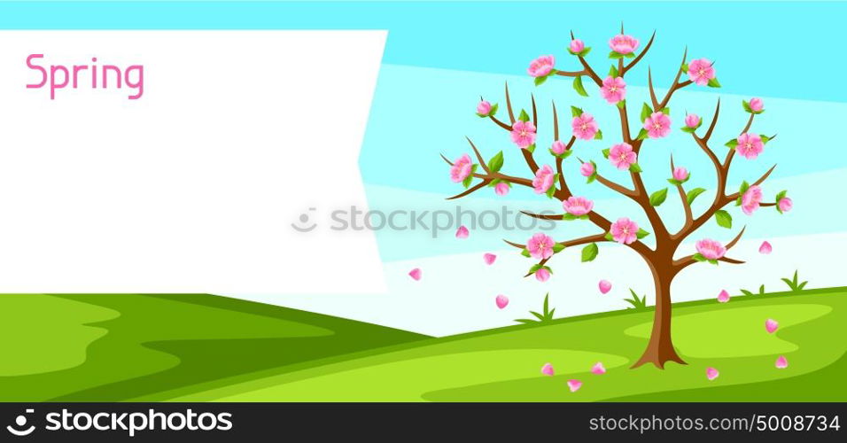 Spring landscape with tree and sakura flowers. Seasonal illustration. Spring landscape with tree and sakura flowers. Seasonal illustration.