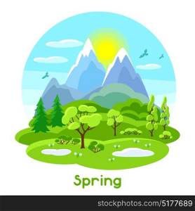 Spring landscape with trees, mountains and hills. Seasonal illustration. Spring landscape with trees, mountains and hills. Seasonal illustration.