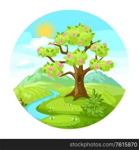 Spring landscape with trees, mountains and hills. Seasonal nature illustration.. Spring landscape with trees, mountains and hills.