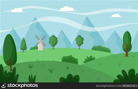 Spring landscape with trees, mountains, windmill. Flat vector illustration.. Spring landscape with trees, mountains, windmill, fields. Flat vector illustration