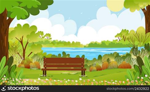 Spring landscape wonderland by the lake with grass field forest in morning,Vector banner backdrop Summer time in the park,Green park with grass and flower blooming,Cute Natural background for kids