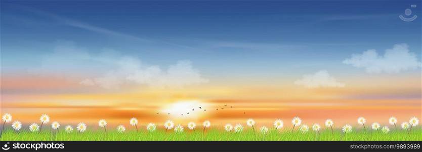 Spring lanscape with morning sky and single tree on green grass fields, Natural farmland with orange flowers and meadow with sunset in evening,Vector holizon banner on spring or summer