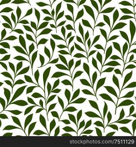 Spring leaves seamless pattern of green twigs with leaves over white background. Retro wallpaper, background, fabric and interior design usage. Green twigs with leaves seamless pattern