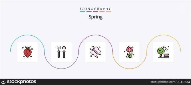 Spring Line Filled Flat 5 Icon Pack Including bench. nature. butterfly. flower. flora