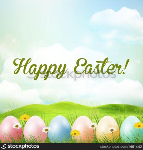 Spring meadow background with easter colorful eggs.Vector