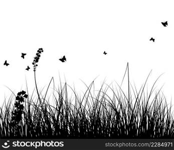 Spring meadow grass. Fresh plants, seasonal growth grass, separated botanical elements, herbs. Natural lawn bushes, floral border. Vector Illustration.