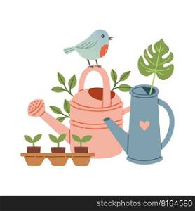 Spring mood greeting card template. Welcome spring season invitation. Minimalist postcard with leaves, watering can. 