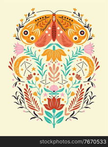 Spring motifs in folk art style. Colorful flat vector illustration with moth, flowers, floral elements and moon.