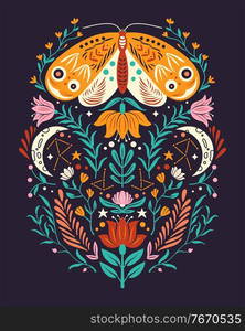 Spring motifs in folk art style. Colorful flat vector illustration with moth, flowers, floral elements and moon. 