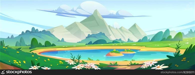 Spring mountain landscape with lake and colorful flowers. Vector cartoon illustration of majestic rocky peaks, green hills and valley, blue pond under sunny sky with clouds. Vacation banner design. Spring mountain landscape with lake and flowers