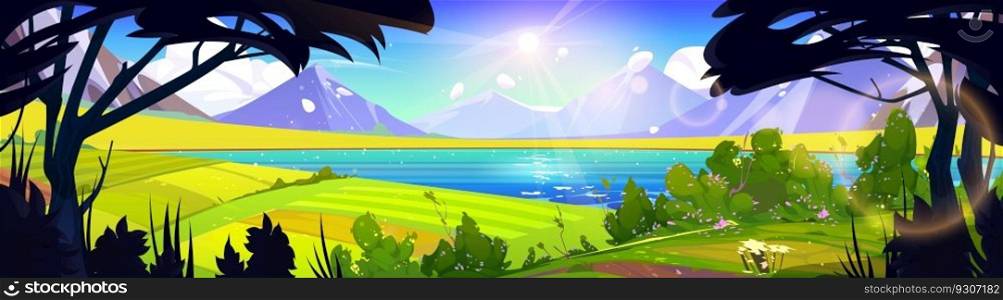Spring mountain nature and green field vector landscape illustration. Summer hill cartoon scenery with lake, cloud and flower. Sunny rural village valley near river and pasture farmland backdrop.. Spring mountain nature and green field landscape