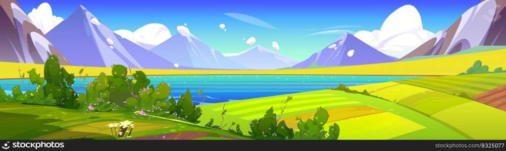 Spring mountain nature and green field vector landscape illustration. Summer hill cartoon scenery with lake, cloud and flower. Sunny rural village valley near river and pasture farmland backdrop.. Spring mountain nature and green field landscape