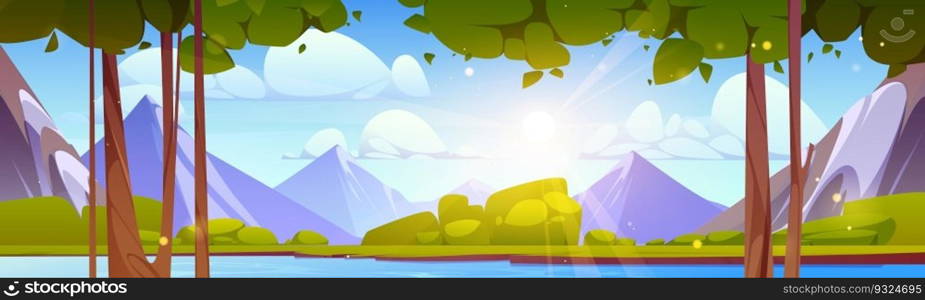 Spring mountain nature and green forest plants vector landscape illustration. Summer hill cartoon scenery with lake or pond, cloud and sun beam. Sunny valley near flowing river with tree and bush. Spring mountain nature and flowing river landscape