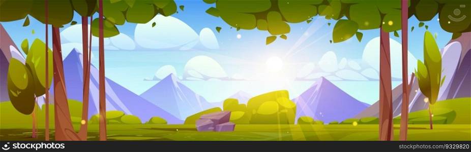 Spring mountain nature and green forest plants vector landscape illustration. Summer hill cartoon scenery with stone peaks, cloud and sun beam. Sunny valley near ridge with tree and bush. Spring mountain nature and green valley landscape