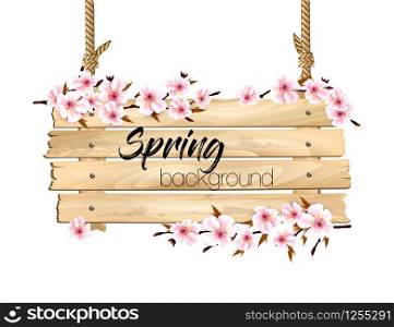 Spring nature background with a pink sakura blossom and wooden sign. Vector