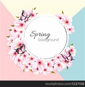 Spring nature background with a pink sakura branch. Vector